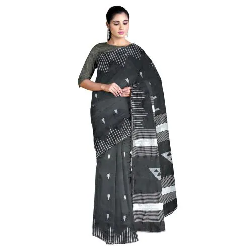 Radnyi Handlooms Silver Kathi Cotton Silk Handloom Saree for Women (Black)
