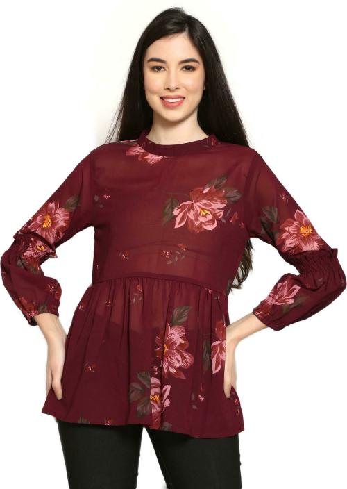 aaryahi Women Maroon Floral Print Georgette Tops (S)