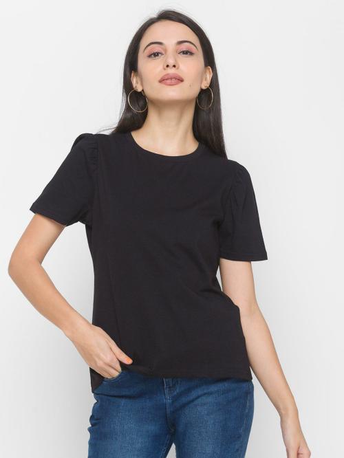 GLOBUS Women Black Solid Viscose Rayon Round Neck Tshirt