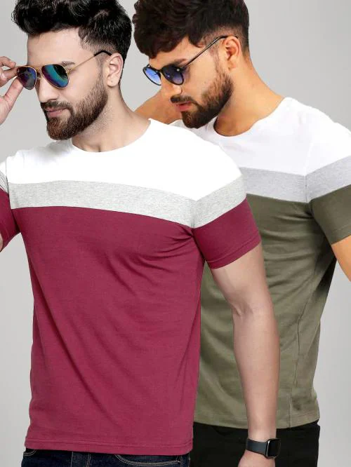 AUSK Men's Casual T-shirt Maroon & Green Colourblock Round Neck Half Sleeve Pack of 2