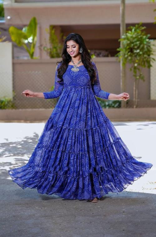 FOXDX Women Bandhani Georgette Flared Kurta