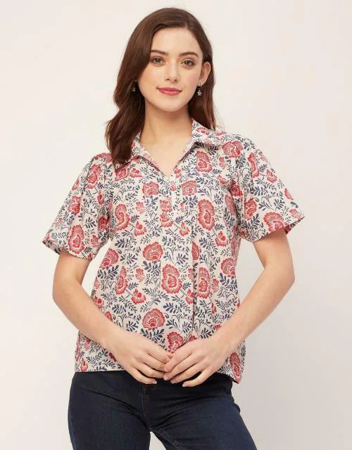Moomaya Short Sleeves Spread Collar Pin Tucks Regular Women's Casual Printed Top