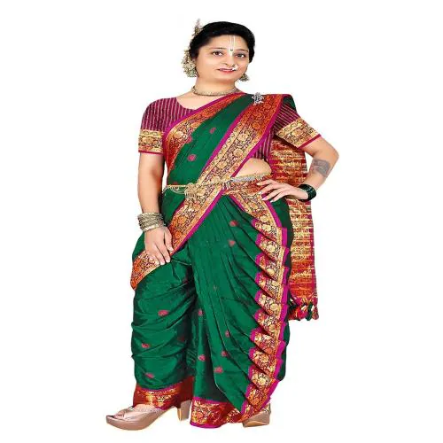 TREFLIN Women's Cotton Soft Silk Nauvari Saree Marathi Maharastrian Full Stitched Saree With Contrast Blouse Piece (Dark Green)
