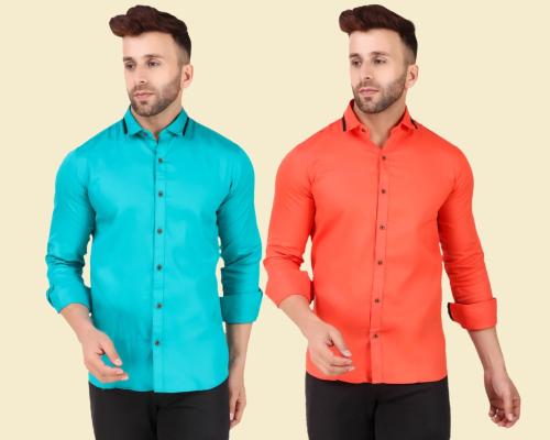 Allan Peter Men Blue and Orange Solid Pure Cotton Casual Shirt- Pack of 2