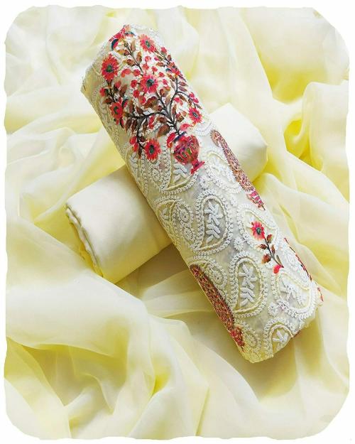 AAHIRA Women Lemon Georgette Printed Chickenkari Unstitched Salwar Suit Dress Material