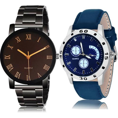 NEUTRON Latest Unique Roman Numbers Chain And Sports Black And Blue Colour Analog Metal And Genuine Leather Belt 2 Watch Combo For Boys And Men - BCPL15-B56