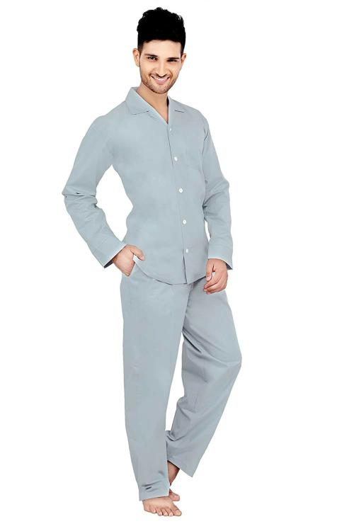 TATWAM Men Light Grey Cotton Nightsuit