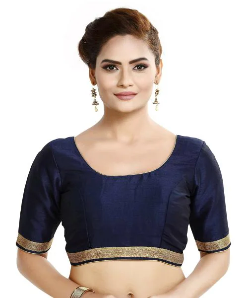 Madhu Fashion Women Navy Blue Raw Silk Readymade Saree Blouse with Elbow Length Sleeve (32)