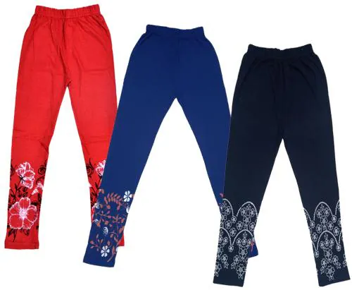IndiWeaves Girls Cotton Printed Regular Fit Leggings (Pack of 3) Multicolor