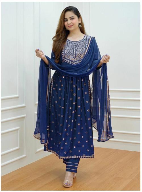 LARVISH FAB Women Blue Embroidered Rayon Kurta, Churidar and Dupatta Set - XL