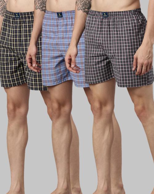 Joven Men's Multicolor Checkered Pure Cotton Pack of 3 Boxers