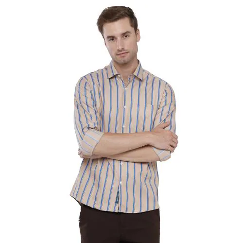 Linen Club Men's Pure Linen Natural / Brown Striped Regular Fit Full Sleeve Casual Shirt