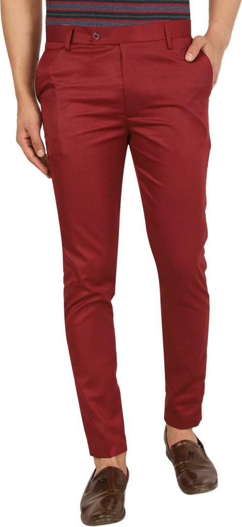 AD & AV Men Maroon Solid Synthetic Single Formal Trousers