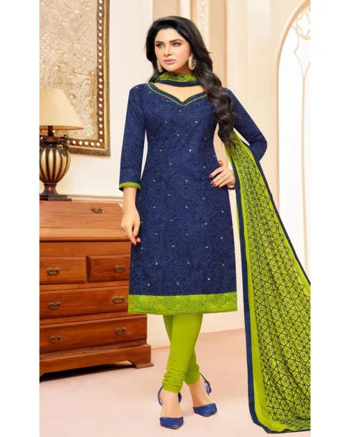 Blue & Parrot Green Cotton Embroidered & Mirror Work Salwar Suit For Women