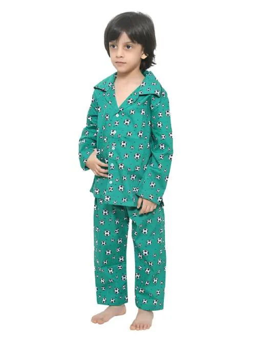 FUNKRAFTS Green Football Printed Cotton Night Dress for Kids