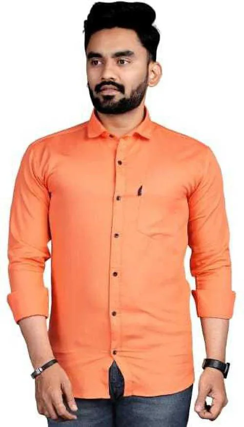 IKG DENIM Men Solid Pure Cotton Casual Shirt Orange Shirt Orange M