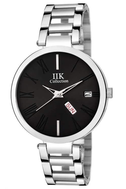 IIK Collection Black Round Dial Stainless Steel Bracelet Chain Analogue Day & Date Functioning Watch for Women and Girls -(IIK-2021W-DND)