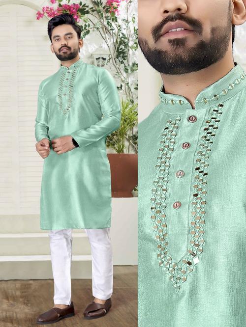 Well Tex Men Blue Embroidered Cotton Silk Kurta And Pyjama Set (L)