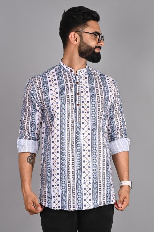 PAGBOYS Men's PC Cotton Printed Designer Short Kurta With Full Sleeves for Men (Printed White-Grey-XL)