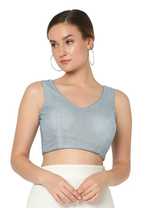 Salwar Studio Women's Blue Shimmer Self Design Readymade Saree Blouse