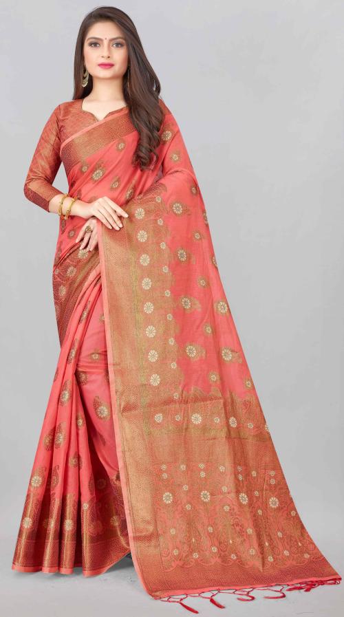 Divine International Trading Co Women Pink Embellished Cotton Linen Blend Saree