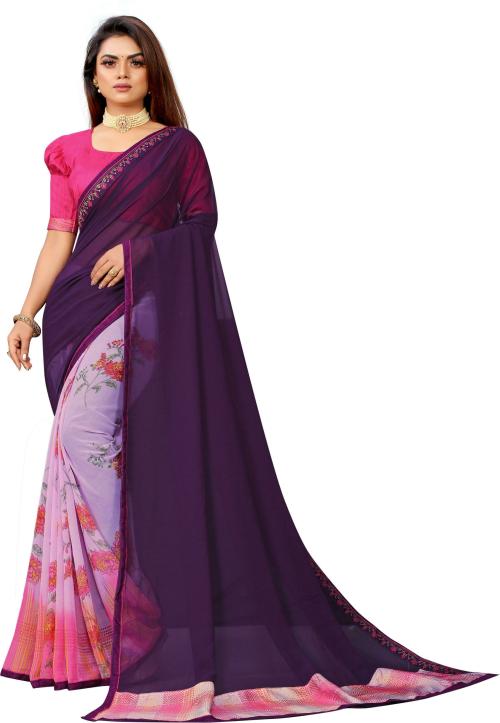 IMPRESSION FAB Women Purple Printed Georgette Half And Half Saree (Free Size)