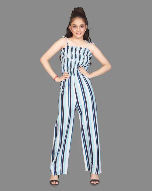 Fashion Dream Girls White Stripe Printed Crepe Jumpsuit | Girls Jumpsuit | Kids Wear | Jumpsuit For Girls | Jumpsuit Girls | Kids Jumpsuit