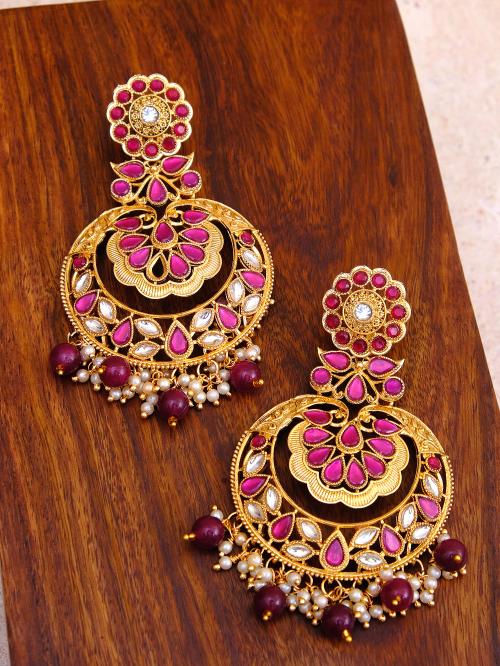 CRUNCHY FASHION Gold-Plated Purple Kundan Heavy Earrings With Pearls Alloy Drops & Danglers ()