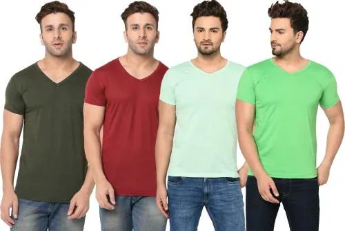 Bribzy Men Olive, Maroon, Sea Green, Parrot Solid Cotton Blend pack of 4 T-Shirts (Extra Large)