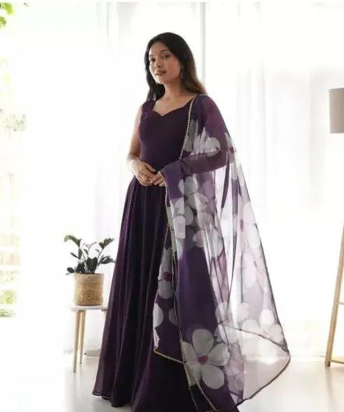 SAWALAJI FASHION Designer Party Wear Gown for Women - Elegant Full-Length Evening Dress with Sequins & Embellishments, Perfect for Special Occasions, Weddings, Proms & Formal Events , Great for Traditional Events, Festivals (PURPLE -M)