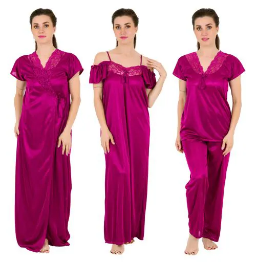 Keoti Women's Satin Margenta Color Nightwear - Pack of 4 (Robe, Full Nighty, Top & Pyjama)