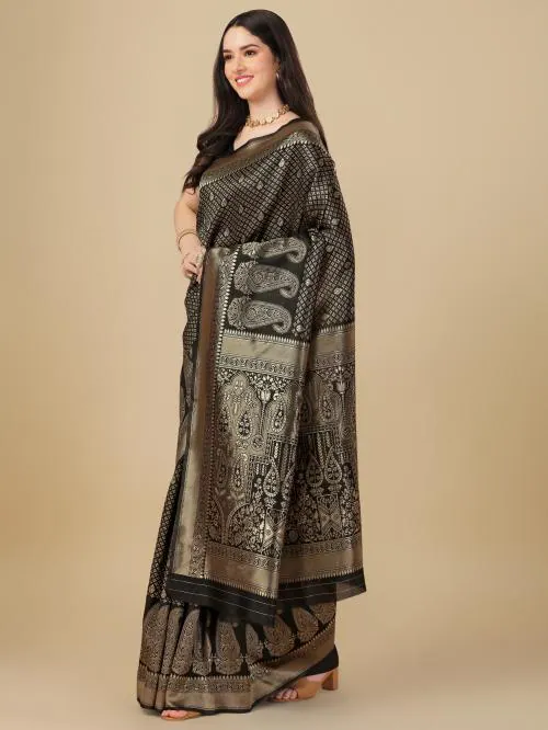 Rekha Maniyar Women's Woven Banarasi Art Silk Black Saree With Unstitched Blouse Piece (EVA_VOL-1_BLACK)