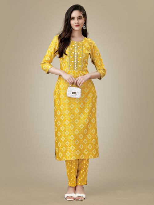 ETHNIC TROVE Women Yellow Printed Viscose Rayon Kurta And Pant Set (Xxl)