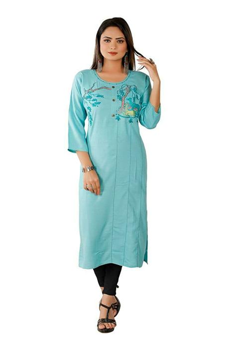 VB SONS Women Aqua EmbroideRed Rayon Long Kurta (XL)