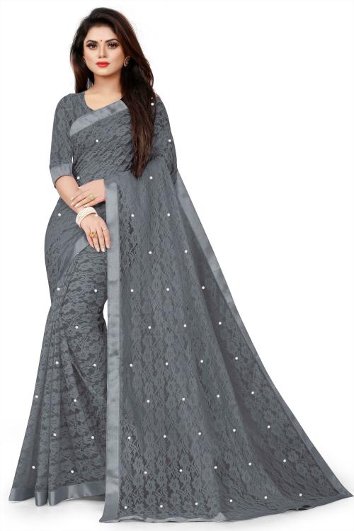 Elavana Grey Self Design Net Saree