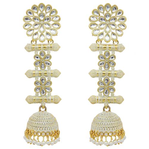 Fresh Vibes Gold-Plated White Colour Traditional Long Jhumka Earrings for Women - Fancy & Stylish Three Storey Wedding Party Use White Golden Jhumki Earings for Girls
