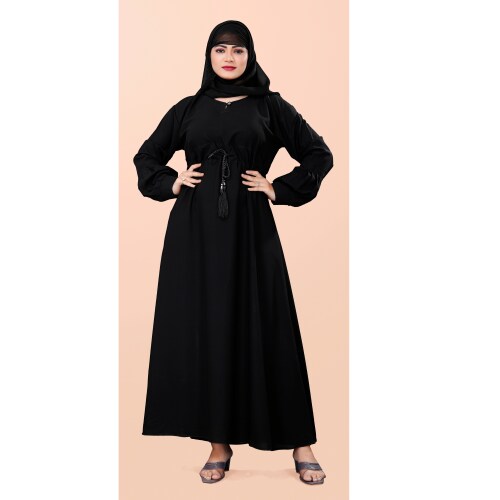 BHUMIFAB beautiful abaya simple design for women & girl Crepe Solid Burqa With Hijab (Black)
