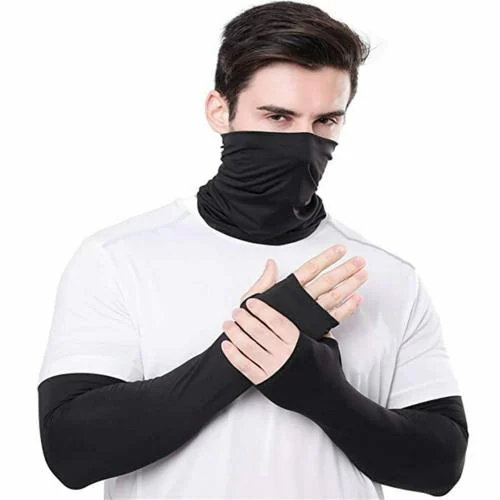 SELRICA sun Protection Black Color Hand Gloves/Arm Sleeves And Bandanna/Face Mask Combo Pack For Men's And Women's pack of -2