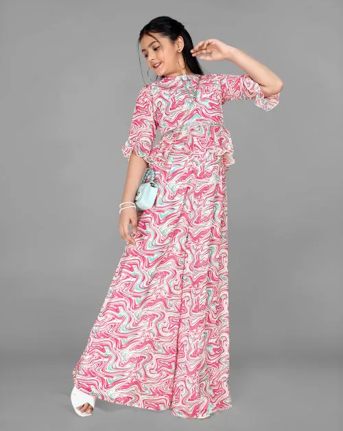 Fashion Dream Girls Multicolor Printed Georgette Crop Top And Palazzo Set | Girls Ethinc Set | Kids Wear | Ethnic Wear