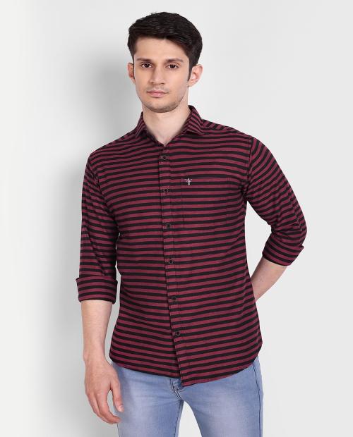 FILOSE Mens Wear Pure Cotton Striped Printed Wine Color Shirt