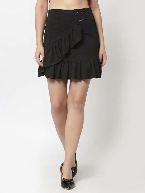 Popwings Casual Black Frill Mini Skirt with Front Bangle Women Skirts