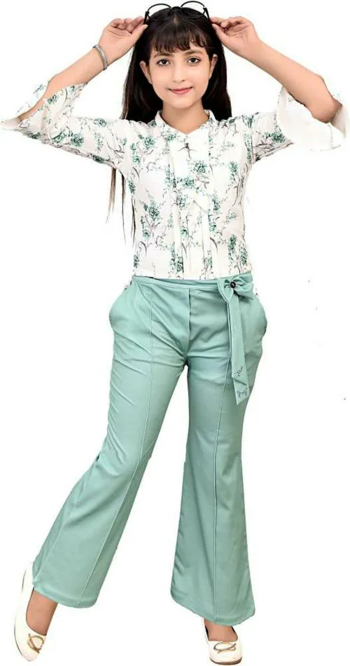 A.G FASHION Girls Light Green Floral Print Cotton Lycra Blend Top and Pant 8-9 Years
