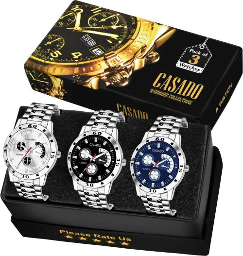 Casado Analog Silver Black Blue Dial Silver Strap Watch For Men (Pack Of 3)