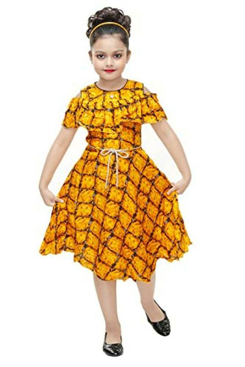 K.J.Creations Girls Yellow and Black Stripes, Checkered Cotton Rayon Blend Knee Length Flared Frock with Waist Tie Rope, Zip Closure (7-8 Years)