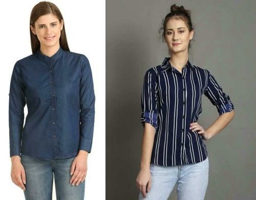 Wingzss Women's Combo Regular Fit Shirt-Dark China Shirt and Blue Stripped Shirts (Medium)