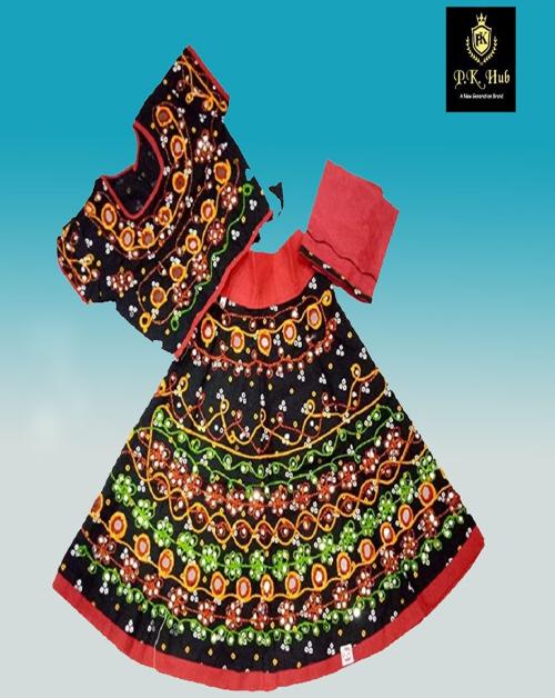 PK HUB Traditional Navratri Garba Special Cotton Chaniya Choli With Embroidered Mirror Work With Dupatta For Kids Girl's-2-3Y-Black