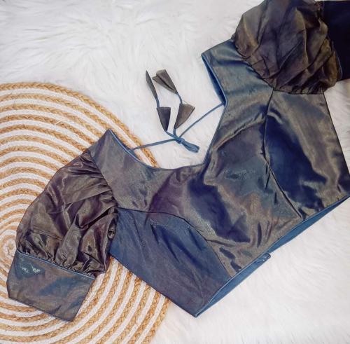 Murliwala CREATION Women's Silk V-Neck Solid Puff Sleeve Blouse