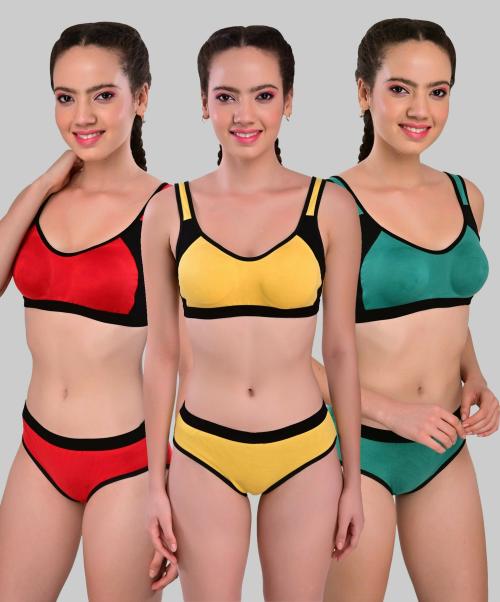 Yana Women Yellow, Green, Red Solid Cotton Blend Set Of 3 Bra And Panty (30)