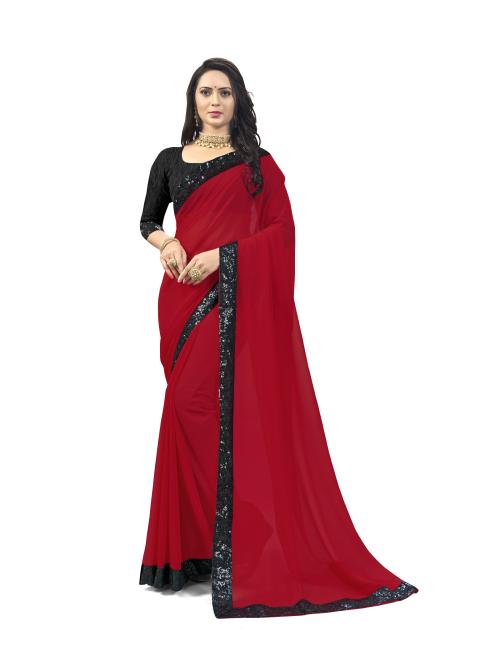 VIVA N DIVA Solid Fashion Georgette Saree (Red, Black)