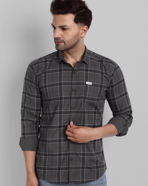 Majestic Man Men Checkered Grey Pure Cotton Shirt